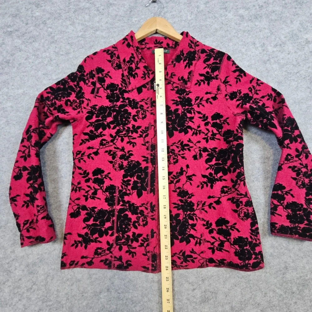 For Cynthia Womens Pink & Black Floral Print Wool Blend Zip Up Cardigan Size M